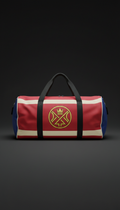 Bold branded duffel bag with legacy insignia