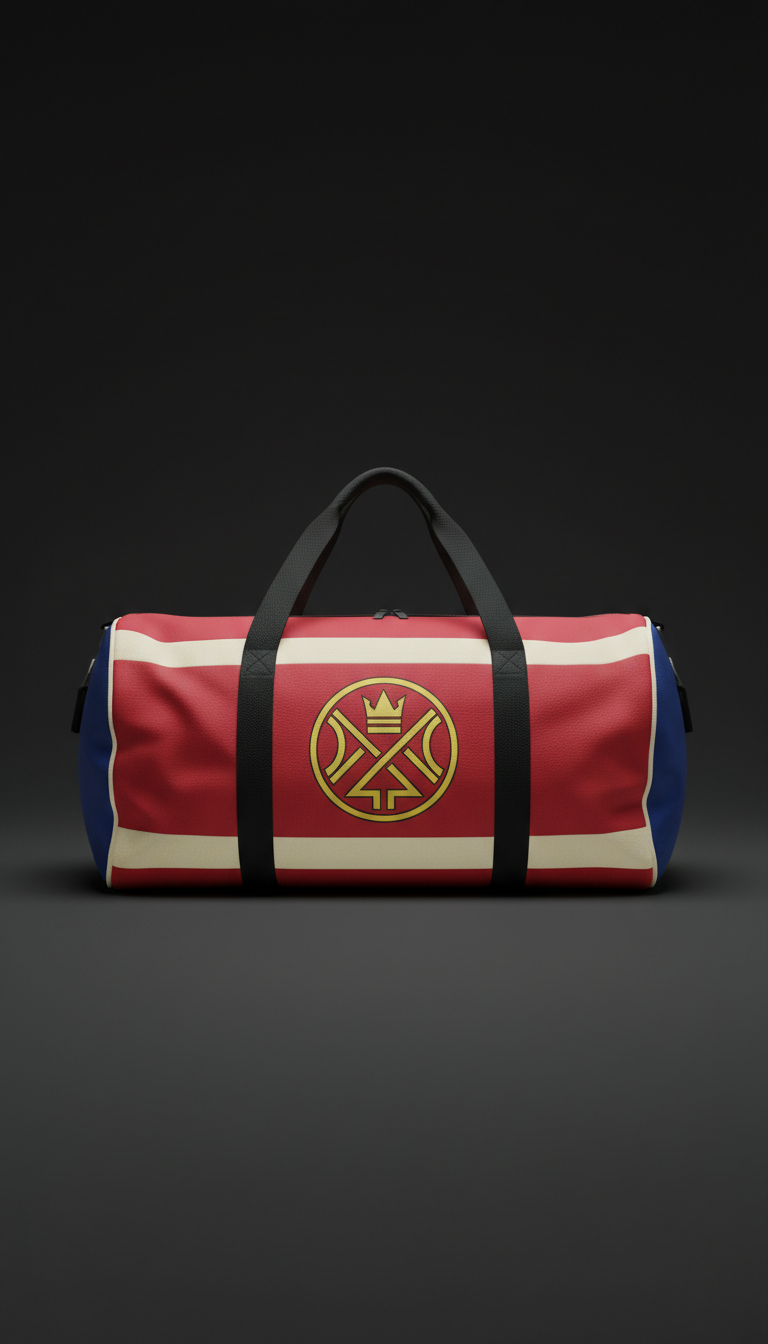 Bold branded duffel bag with legacy insignia
